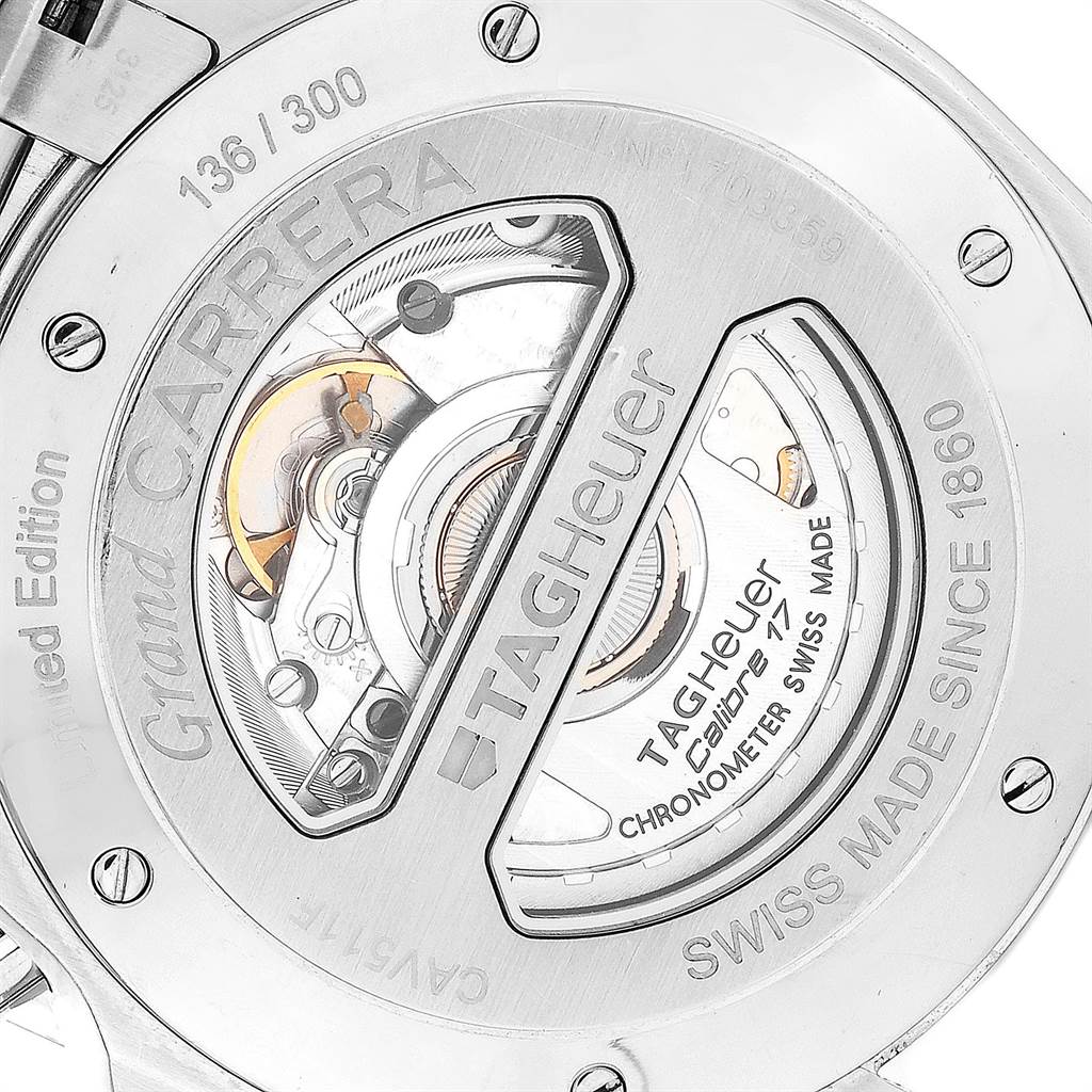 This image shows the back of a Tag Heuer Grand Carrera Limited Edition watch, revealing its internal mechanism.