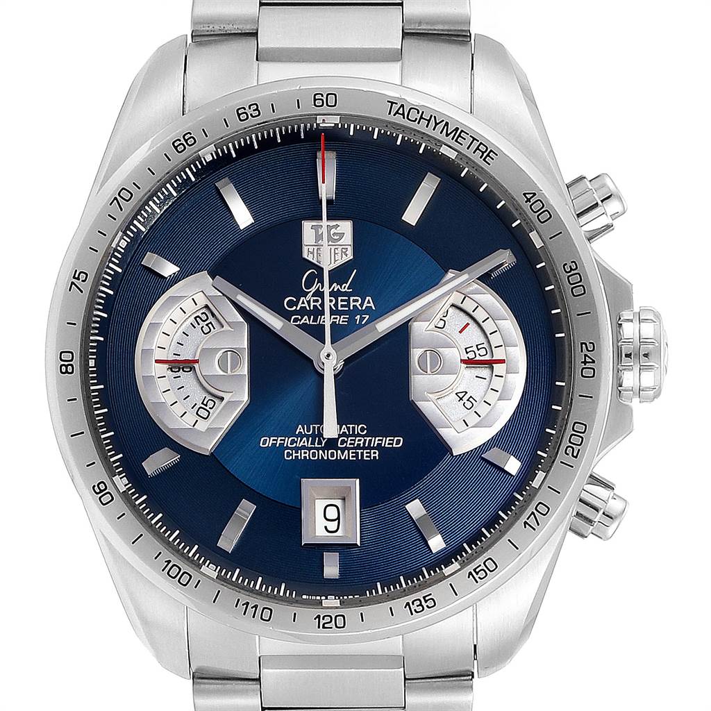 This image shows a front view of the Tag Heuer Grand Carrera Calibre 17 Limited Edition watch, highlighting the face, subdials, and bezel.