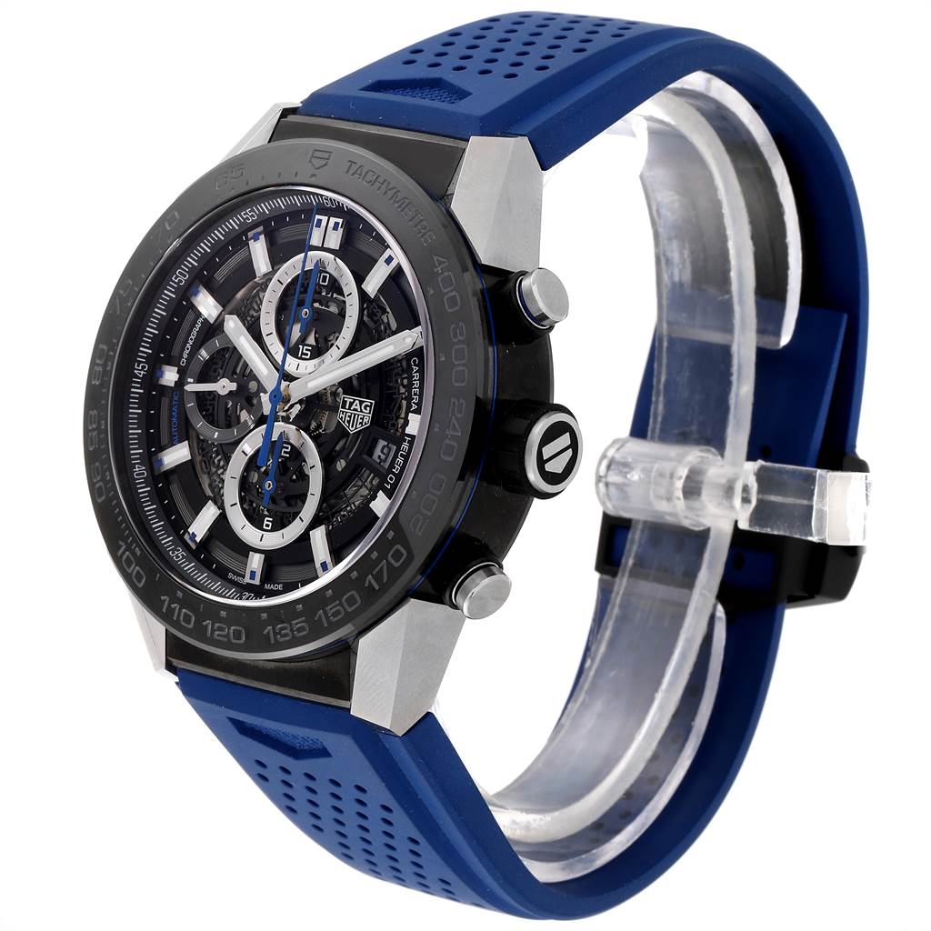 The image shows a side angle of the Tag Heuer Carrera CAR2A1T.FT6052 Men's Titanium Black Dial CAR2A1T.FT6052 Men's Titanium Black Dial watch, featuring the dial, case, and blue perforated strap.