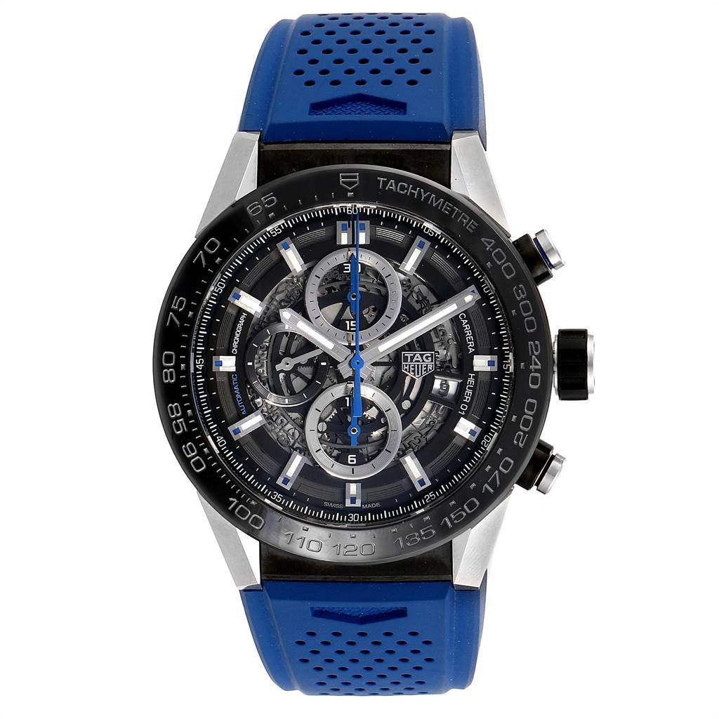 This is a frontal view of the Tag Heuer Carrera CAR2A1T.FT6052 Men's Titanium Black Dial CAR2A1T.FT6052 Men's Titanium Black Dial model, showing the dial, bezel, chronograph sub-dials, and blue strap.