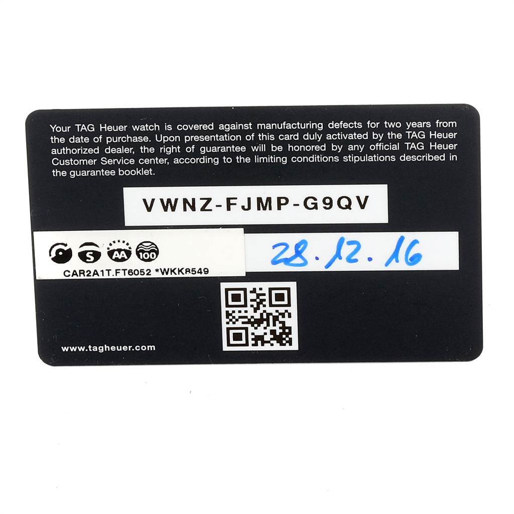 The image shows the warranty card for a Tag Heuer Carrera CAR2A1T.FT6052 Men's Titanium Black Dial CAR2A1T.FT6052 Men's Titanium Black Dial model watch, providing coverage details and a purchase date.
