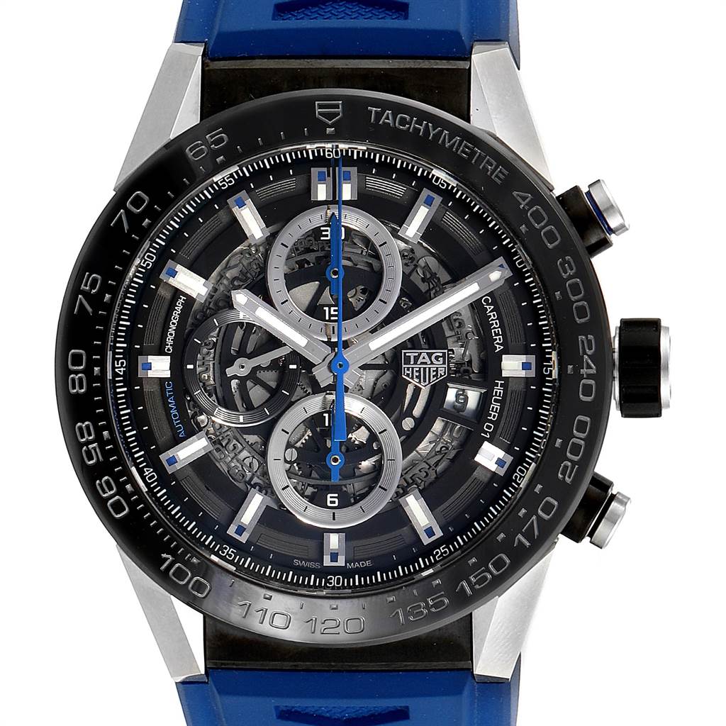 This image shows a frontal view of the Tag Heuer Carrera CAR2A1T.FT6052 Men's Titanium Black Dial CAR2A1T.FT6052 Men's Titanium Black Dial watch, highlighting its blue strap and complex dial.
