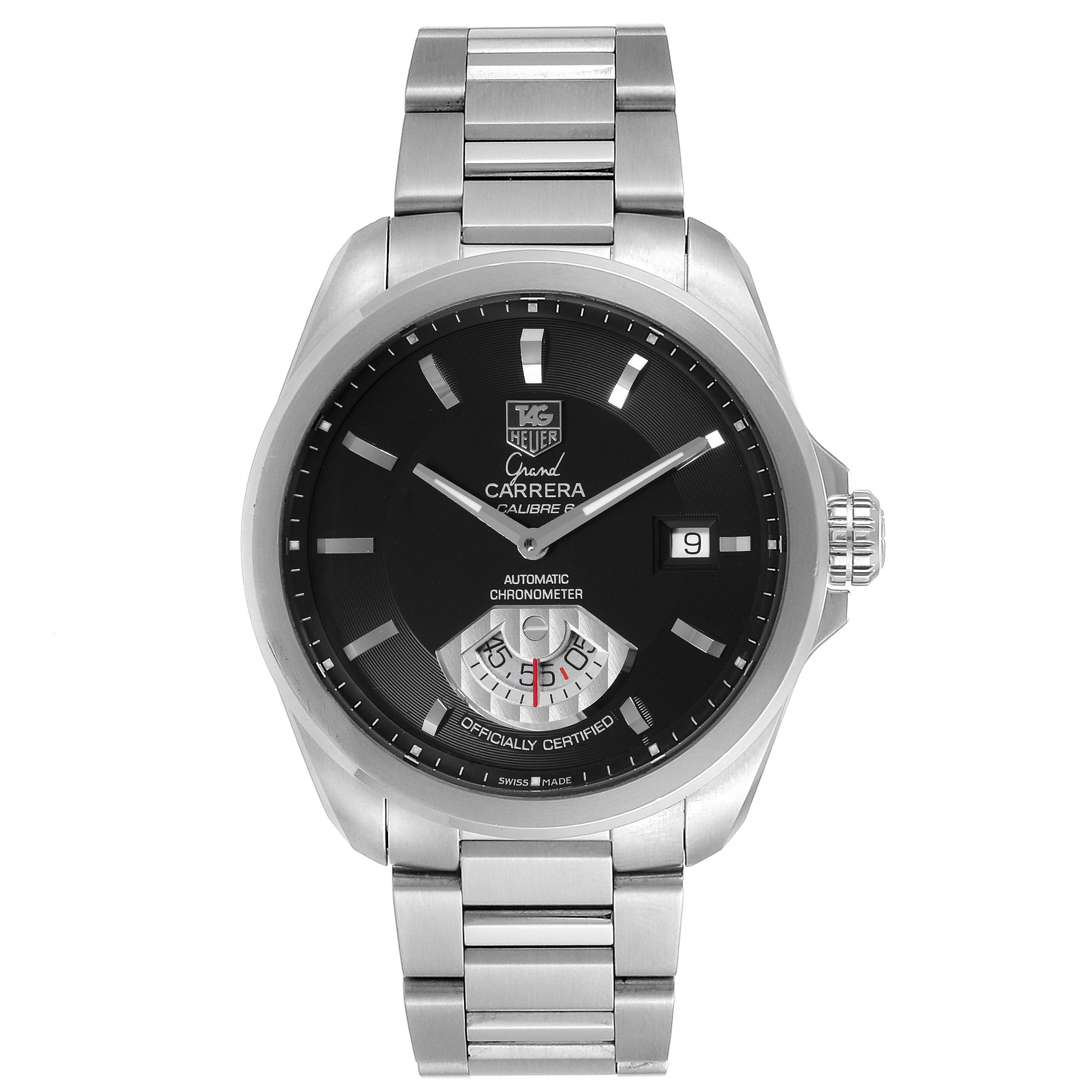 This image shows a front view of a Tag Heuer Carrera WAV511A.BA0900 Men's Stainless Steel Black Dial WAV511A.BA0900 Men's Stainless Steel Black Dial watch, highlighting the dial, bezel, and stainless steel bracelet.