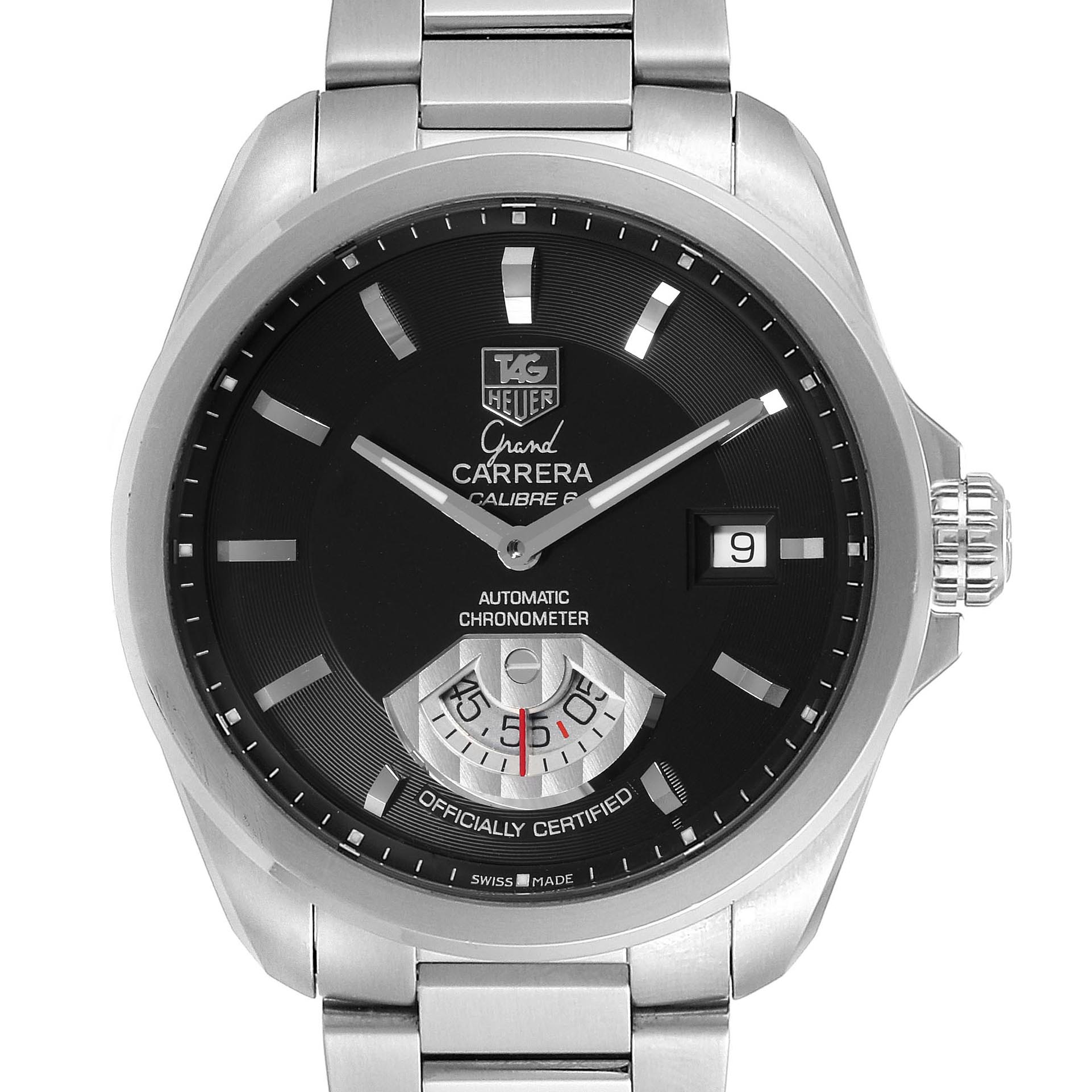 The Tag Heuer Carrera WAV511A.BA0900 Men's Stainless Steel Black Dial WAV511A.BA0900 Men's Stainless Steel Black Dial watch is shown facing forward, highlighting its black dial, date display, and stainless steel bracelet.