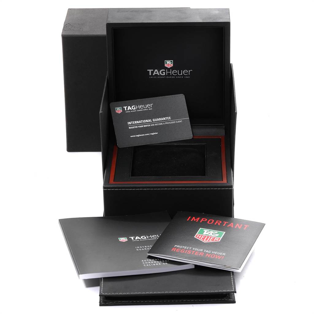 The image shows the box, guarantee card, and manuals for a Tag Heuer Carrera CAV5185.FC6237 Men's Titanium Black Dial CAV5185.FC6237 Men's Titanium Black Dial model watch.