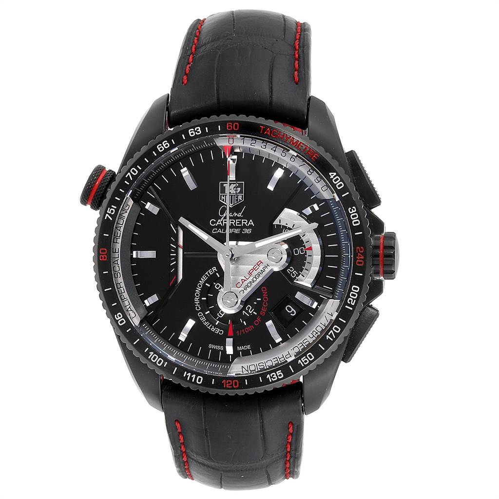 The image shows a front-angle view of a Tag Heuer Carrera CAV5185.FC6237 Men's Titanium Black Dial CAV5185.FC6237 Men's Titanium Black Dial watch, highlighting the dial, bezel, and leather strap.