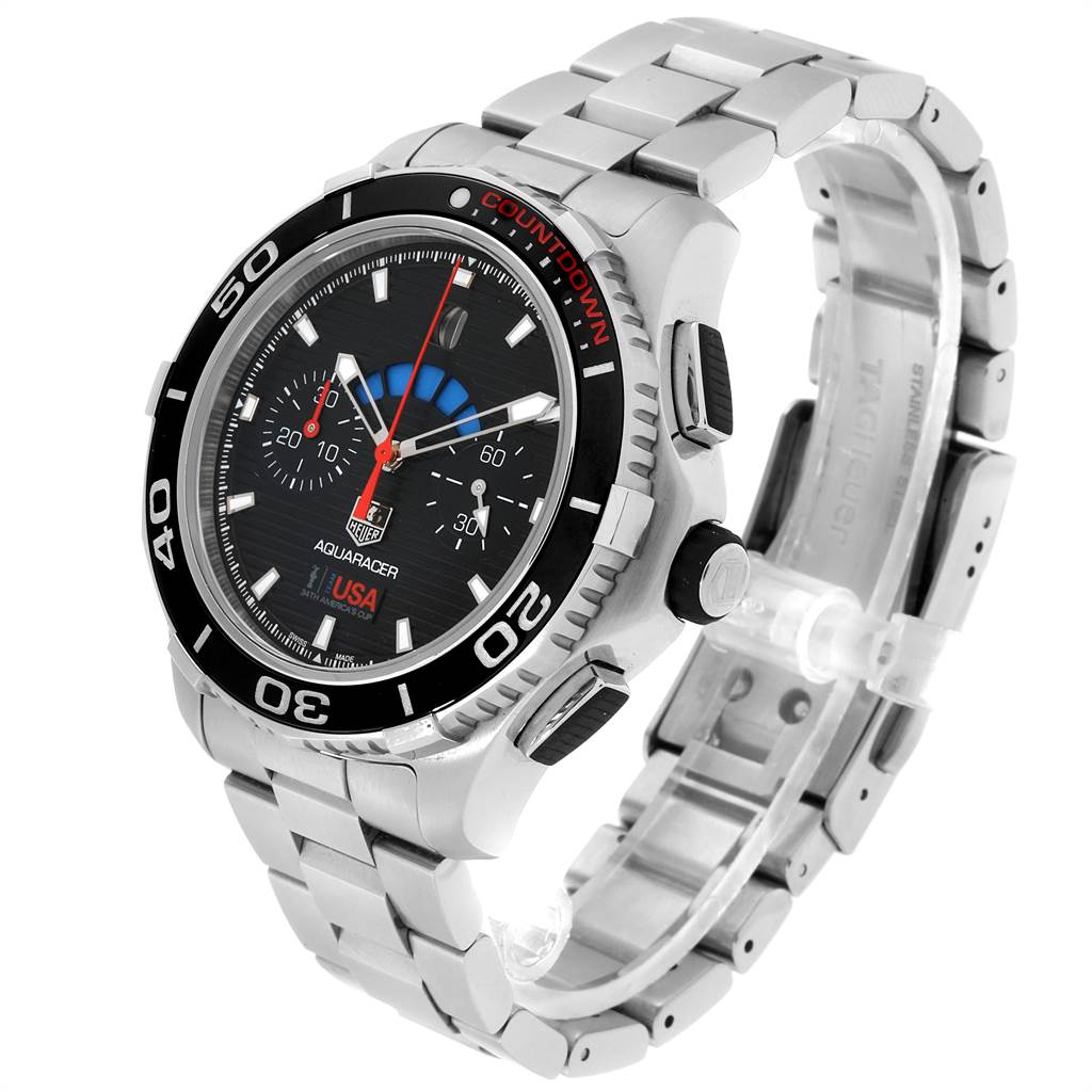 The Tag Heuer Aquaracer CAK211B.BA0833 Men's Stainless Steel Black Dial CAK211B.BA0833 Men's Stainless Steel Black Dial watch is shown at a three-quarter angle, displaying the face, bezel, buttons, and part of the metal strap.