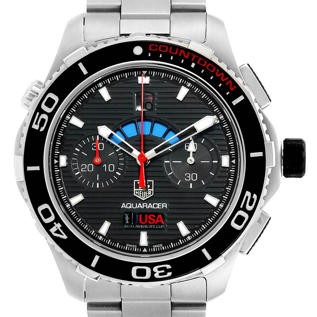 The image shows a front view of a Tag Heuer Aquaracer CAK211B.BA0833 Men's Stainless Steel Black Dial CAK211B.BA0833 Men's Stainless Steel Black Dial watch with a metal band and black dial.