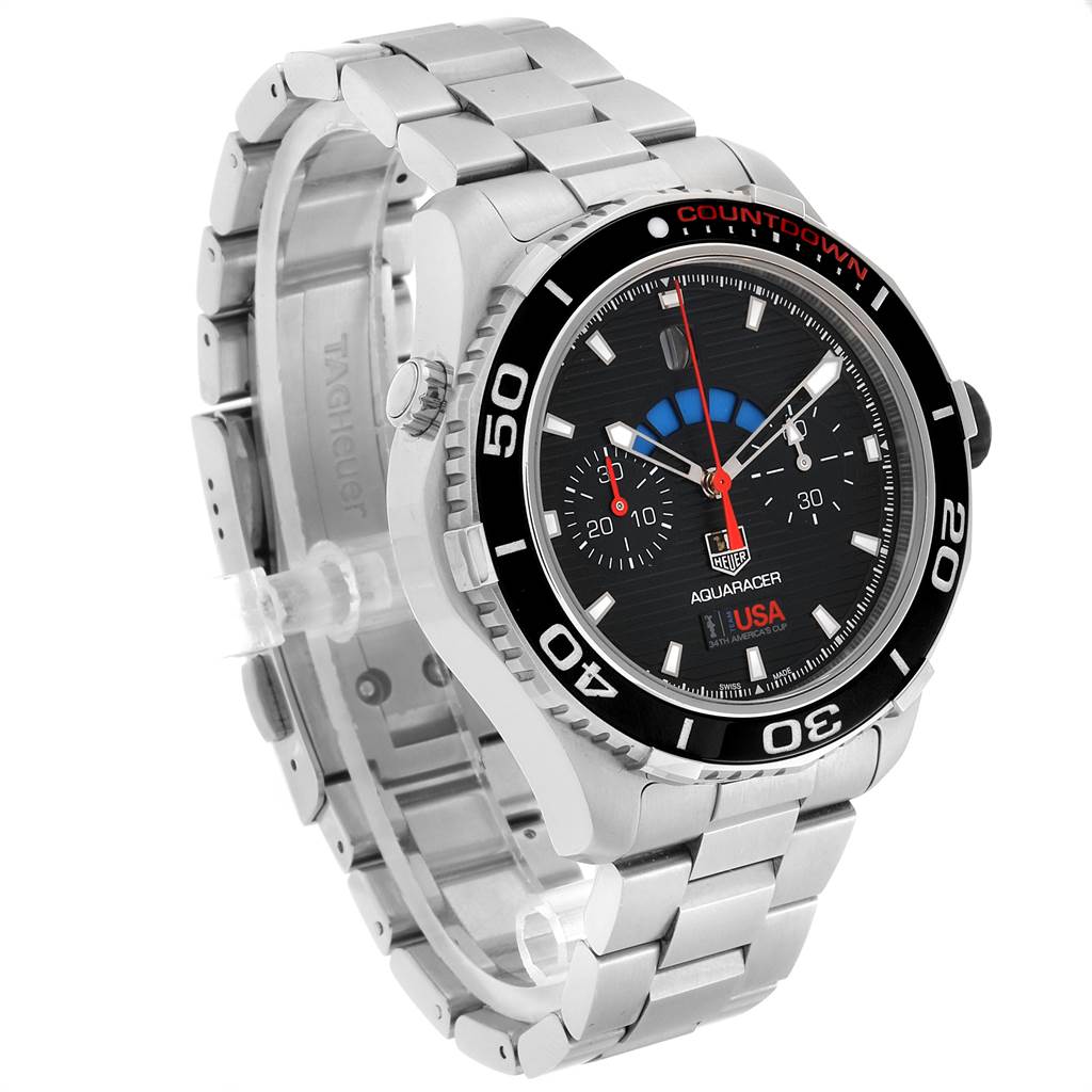 The Tag Heuer Aquaracer CAK211B.BA0833 Men's Stainless Steel Black Dial CAK211B.BA0833 Men's Stainless Steel Black Dial watch is shown at a three-quarter angle highlighting the bezel, dial, and stainless steel bracelet.