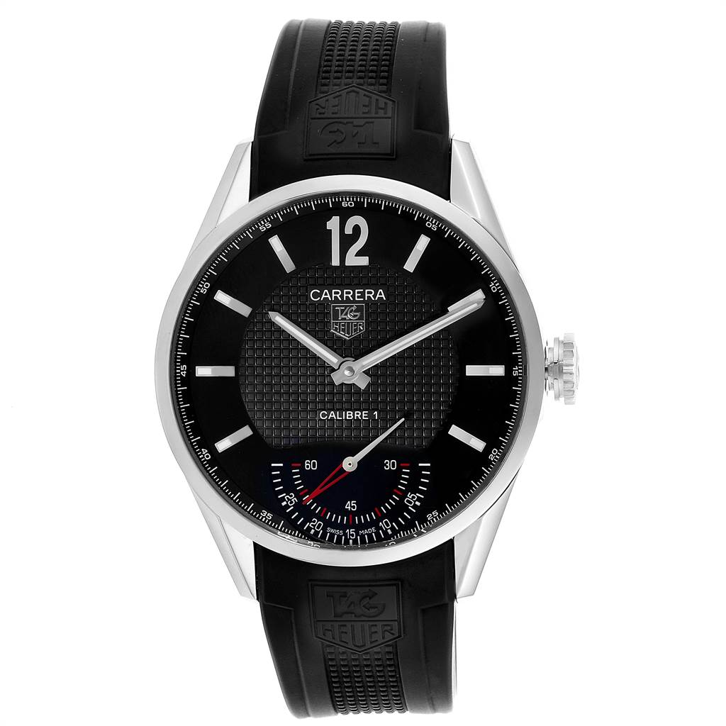 This is a front view of the Tag Heuer Carrera Calibre 1 Limited Edition watch, displaying the dial, hands, and rubber strap.