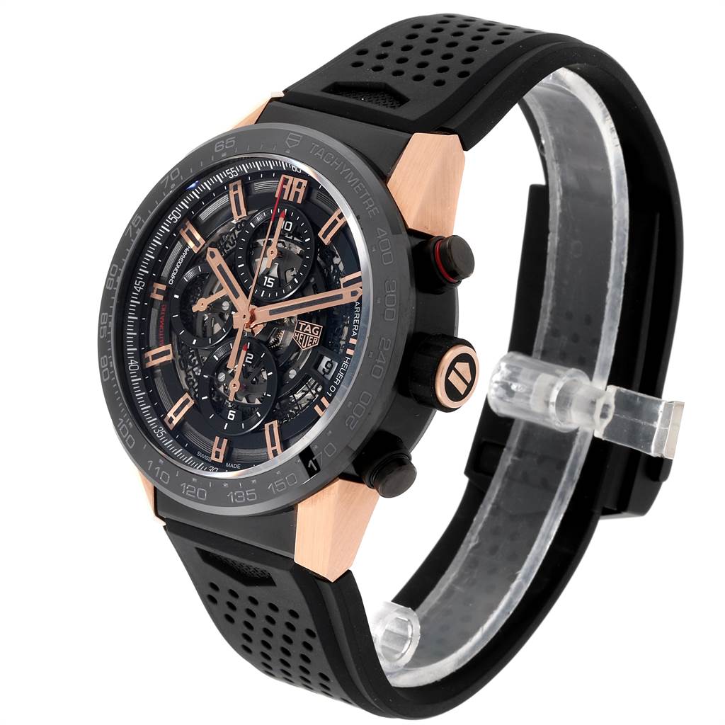 The Tag Heuer Carrera CAR205A.FT6087 Men's Titanium Black Dial CAR205A.FT6087 Men's Titanium Black Dial watch is shown from a front angle, highlighting the face, bezel, buttons, and band.