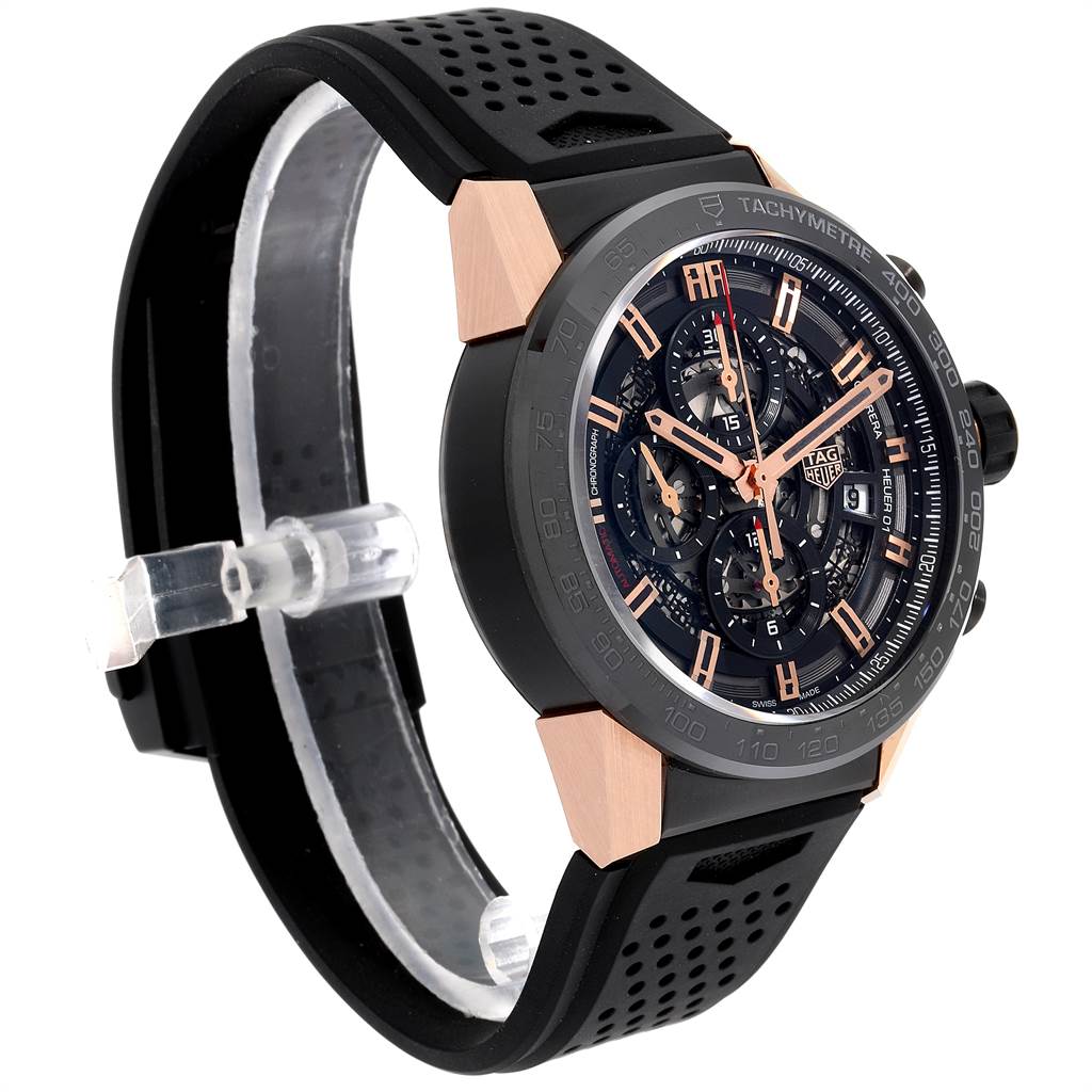 This image showcases a Tag Heuer Carrera CAR205A.FT6087 Men's Titanium Black Dial CAR205A.FT6087 Men's Titanium Black Dial watch, angled to display the face, strap, and part of the bezel.