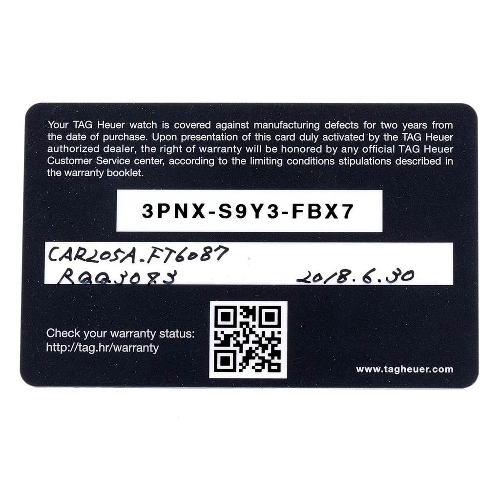 The image shows the warranty card for a Tag Heuer Carrera CAR205A.FT6087 Men's Titanium Black Dial CAR205A.FT6087 Men's Titanium Black Dial watch.