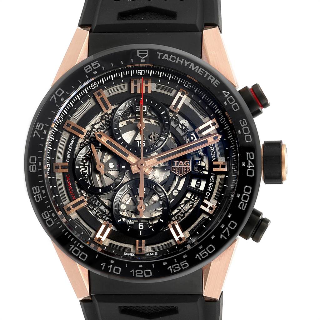 The image shows a front view of the Tag Heuer Carrera CAR205A.FT6087 Men's Titanium Black Dial CAR205A.FT6087 Men's Titanium Black Dial watch, featuring its tachymeter bezel and intricate dial.