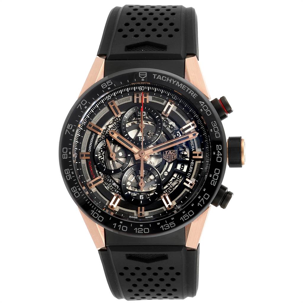 The image shows a front view of a Tag Heuer Carrera CAR205A.FT6087 Men's Titanium Black Dial CAR205A.FT6087 Men's Titanium Black Dial model watch with a black perforated strap and rose gold accents.