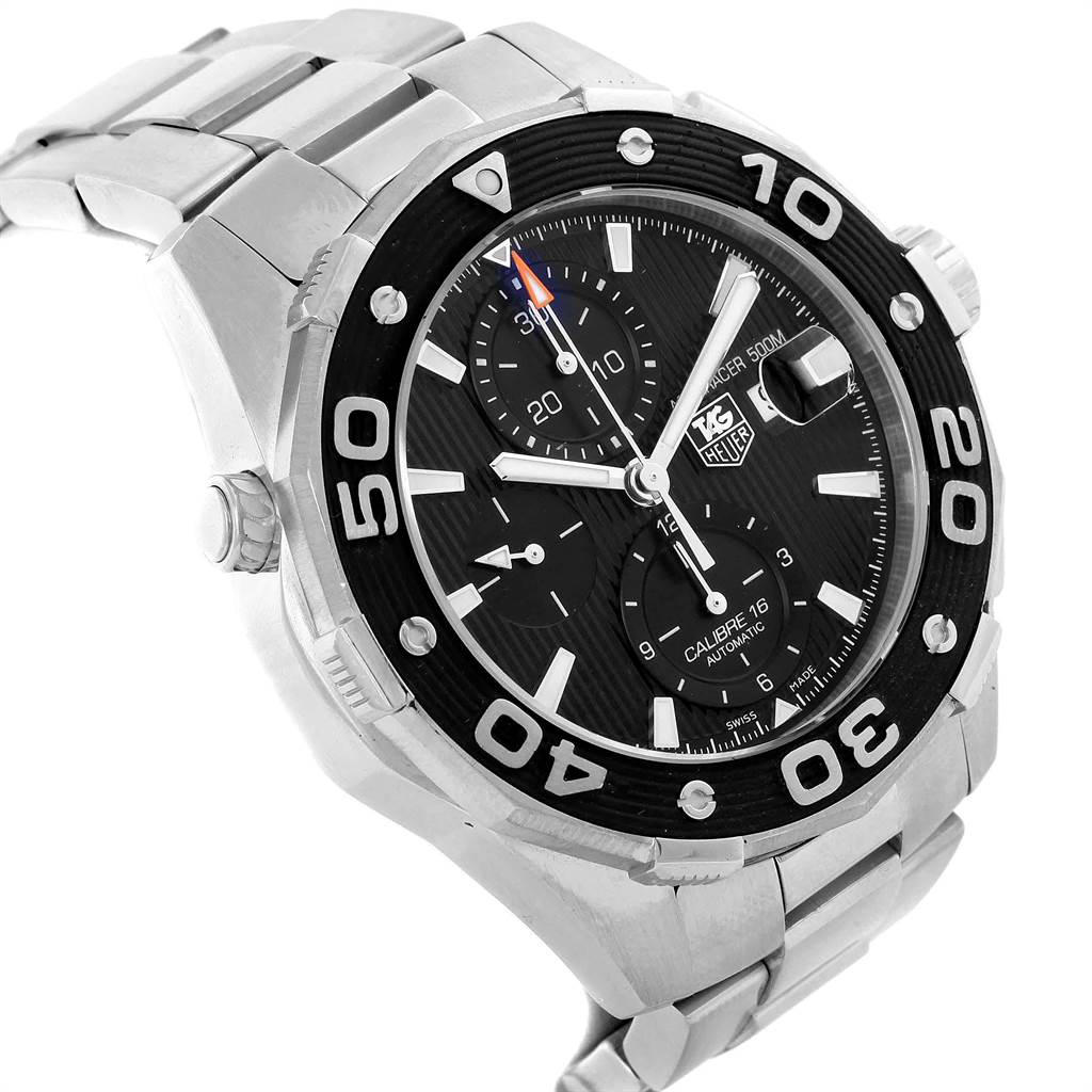 The Tag Heuer Aquaracer CAJ2110.BA0872 Men's Stainless Steel Black Dial CAJ2110.BA0872 Men's Stainless Steel Black Dial watch is shown at a three-quarter angle, highlighting the chronograph dials, bezel, and stainless steel bracelet.