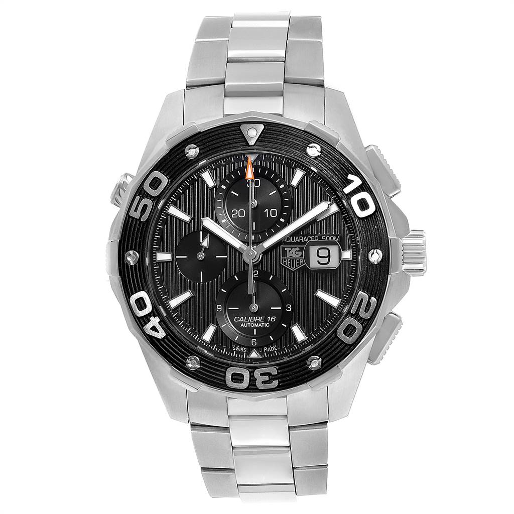 This image shows a frontal view of the Tag Heuer Aquaracer CAJ2110.BA0872 Men's Stainless Steel Black Dial CAJ2110.BA0872 Men's Stainless Steel Black Dial watch, displaying its dial, bezel, crown, and bracelet.