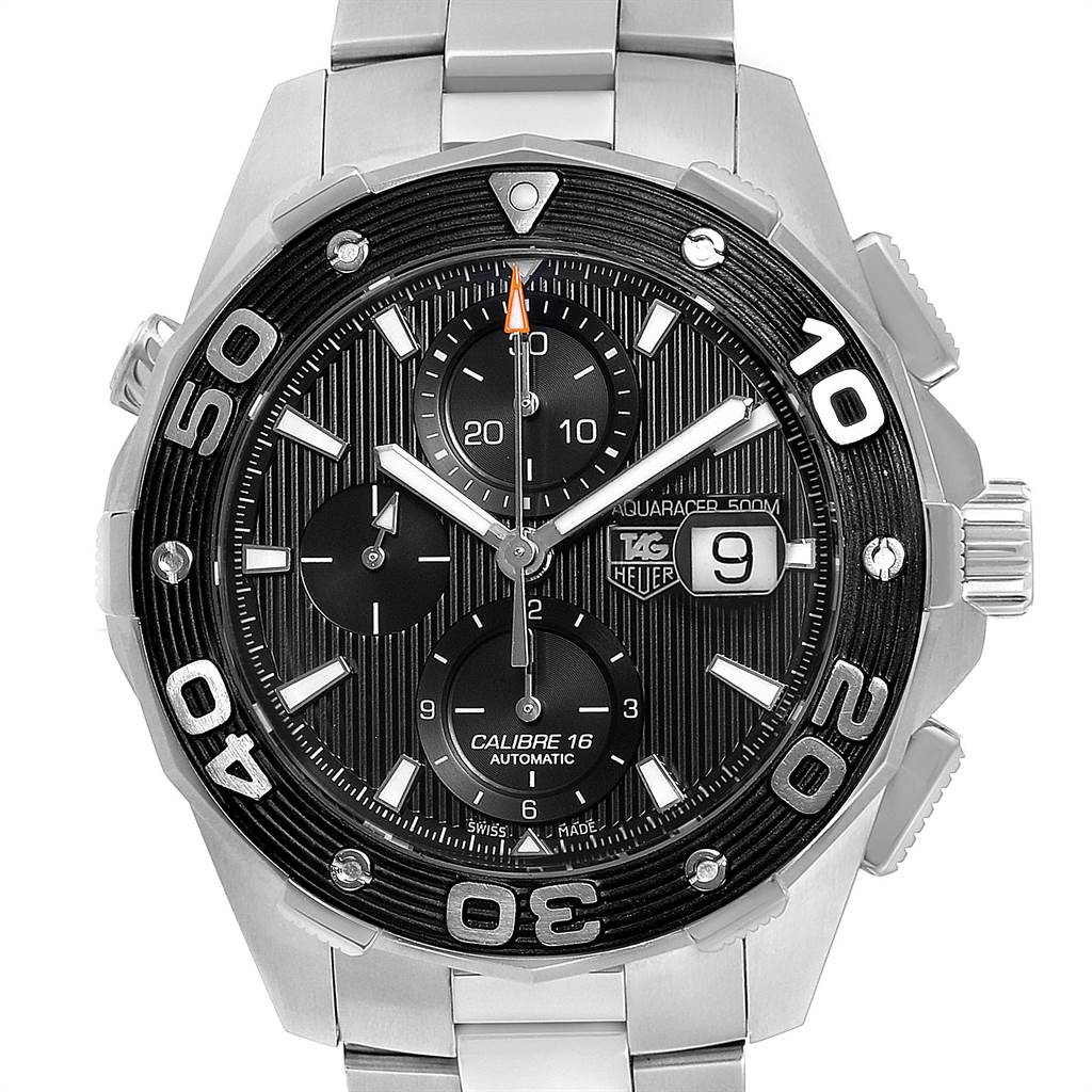 The image shows a frontal view of the Tag Heuer Aquaracer CAJ2110.BA0872 Men's Stainless Steel Black Dial CAJ2110.BA0872 Men's Stainless Steel Black Dial watch, highlighting its dial, bezel, and bracelet.