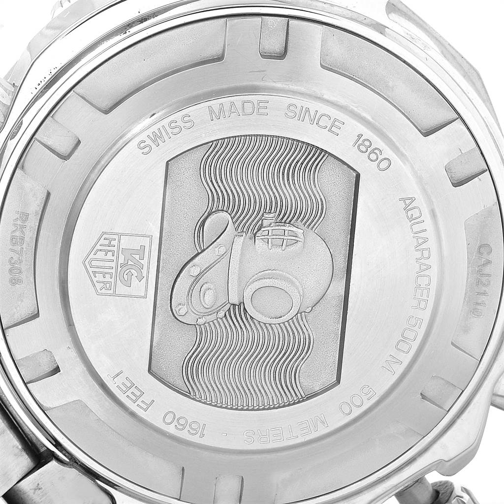The image shows the back case of the Tag Heuer Aquaracer CAJ2110.BA0872 Men's Stainless Steel Black Dial CAJ2110.BA0872 Men's Stainless Steel Black Dial watch, featuring branding and model specifications.
