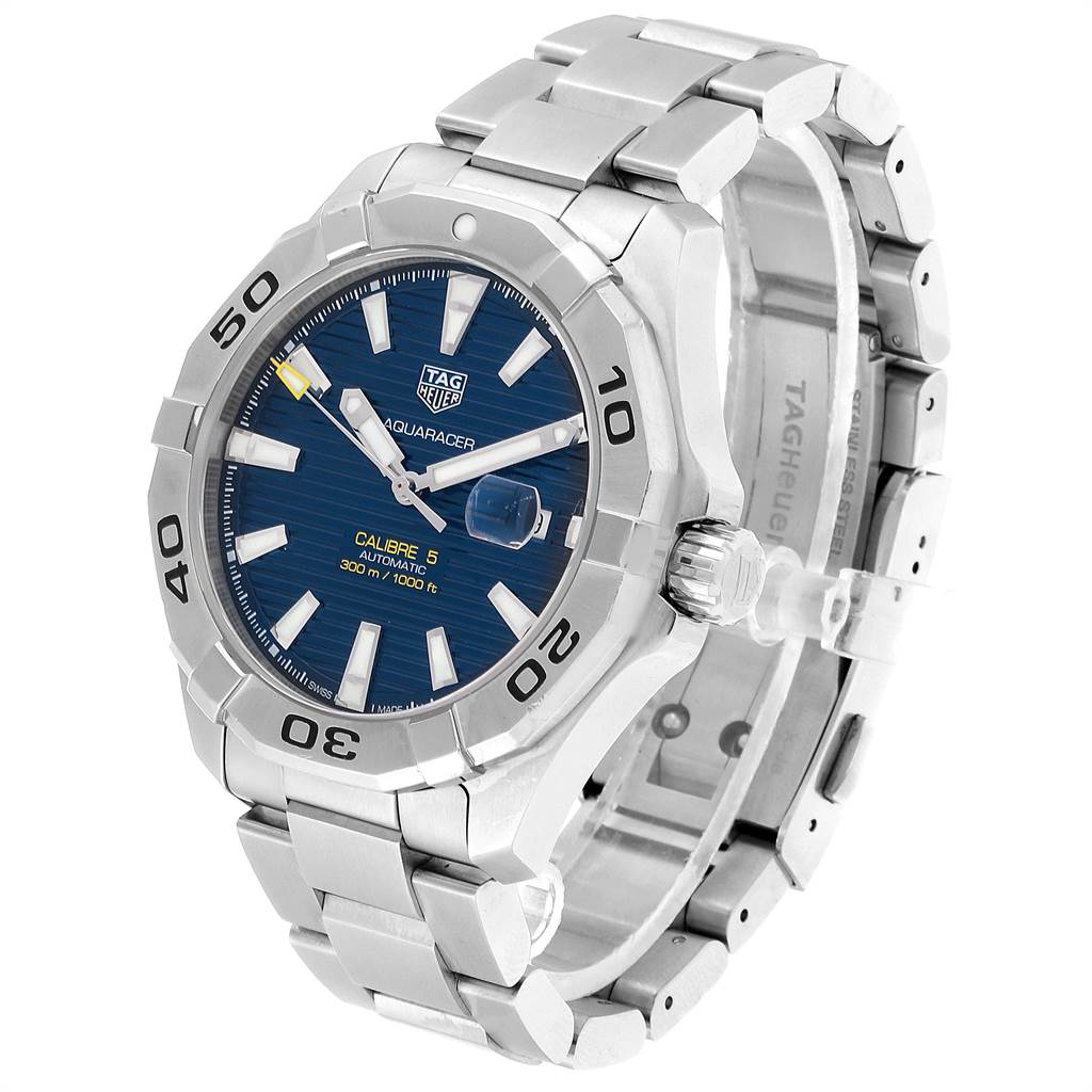 The Tag Heuer Aquaracer WAY2012.BA0927 Men's Stainless Steel Blue Dial WAY2012.BA0927 Men's Stainless Steel Blue Dial watch is shown from an angular front-left perspective, highlighting its blue face, bezel, and stainless steel bracelet.