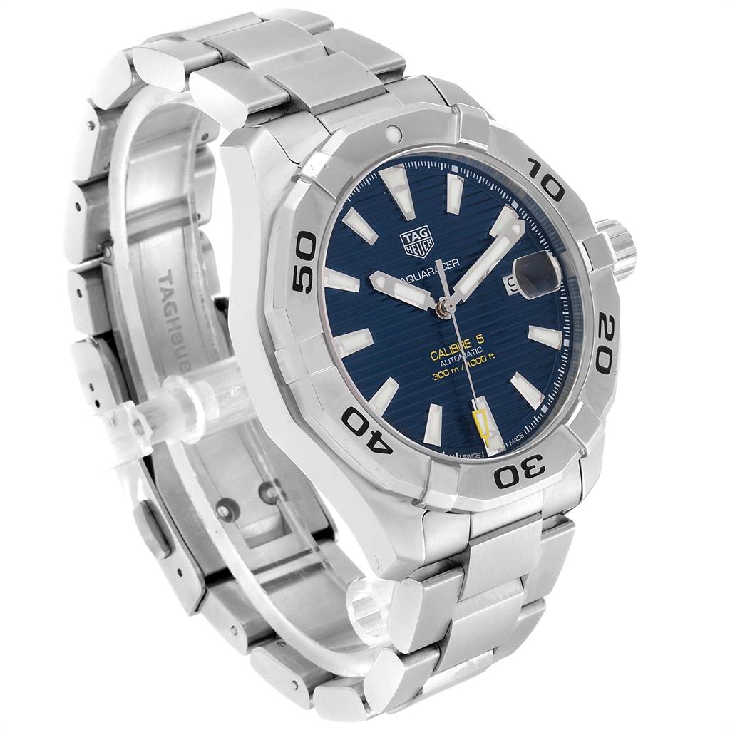 The image shows a Tag Heuer Aquaracer WAY2012.BA0927 Men's Stainless Steel Blue Dial WAY2012.BA0927 Men's Stainless Steel Blue Dial watch angled from the front-left, highlighting the bezel, dial, and bracelet.