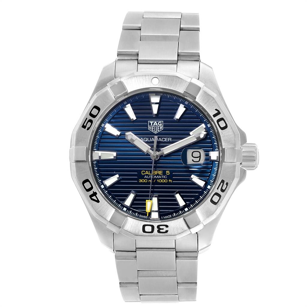 The image shows a front view of the Tag Heuer Aquaracer WAY2012.BA0927 Men's Stainless Steel Blue Dial WAY2012.BA0927 Men's Stainless Steel Blue Dial watch, displaying the dial, bezel, and bracelet.