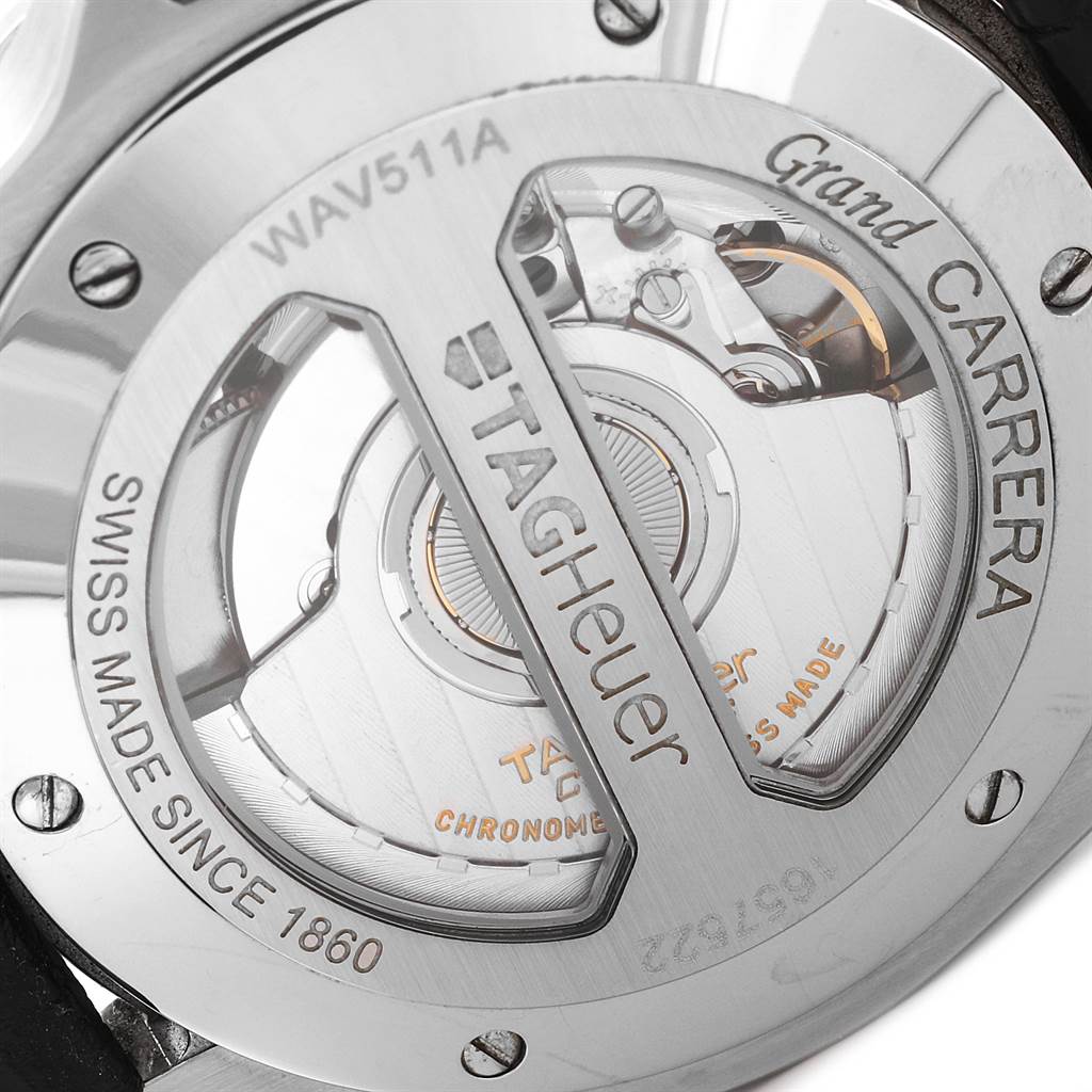 The image shows the back view of a Tag Heuer Carrera WAV511A.FC6224 Men's Stainless Steel Black Dial WAV511A.FC6224 Men's Stainless Steel Black Dial model watch, highlighting the movement and engraving details.