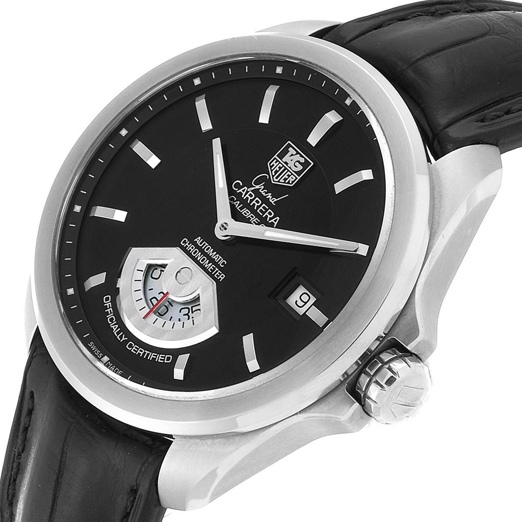 This image displays the Tag Heuer Carrera WAV511A.FC6224 Men's Stainless Steel Black Dial WAV511A.FC6224 Men's Stainless Steel Black Dial model from a slight angle, showing its dial, crown, and part of the leather strap.