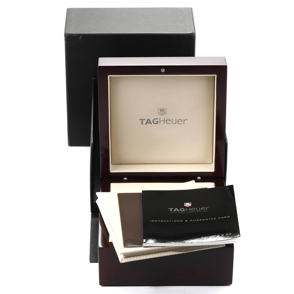 The image shows the storage box, outer box, and instruction booklet for the Tag Heuer Carrera WAV511A.FC6224 Men's Stainless Steel Black Dial WAV511A.FC6224 Men's Stainless Steel Black Dial model watch, viewed from the front.