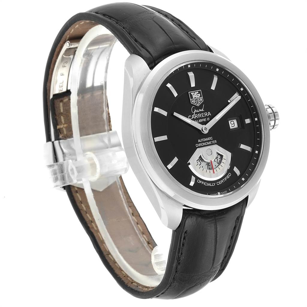 This Tag Heuer Carrera WAV511A.FC6224 Men's Stainless Steel Black Dial WAV511A.FC6224 Men's Stainless Steel Black Dial watch is shown at a slight angle, displaying the face, bezel, crown, and leather strap.