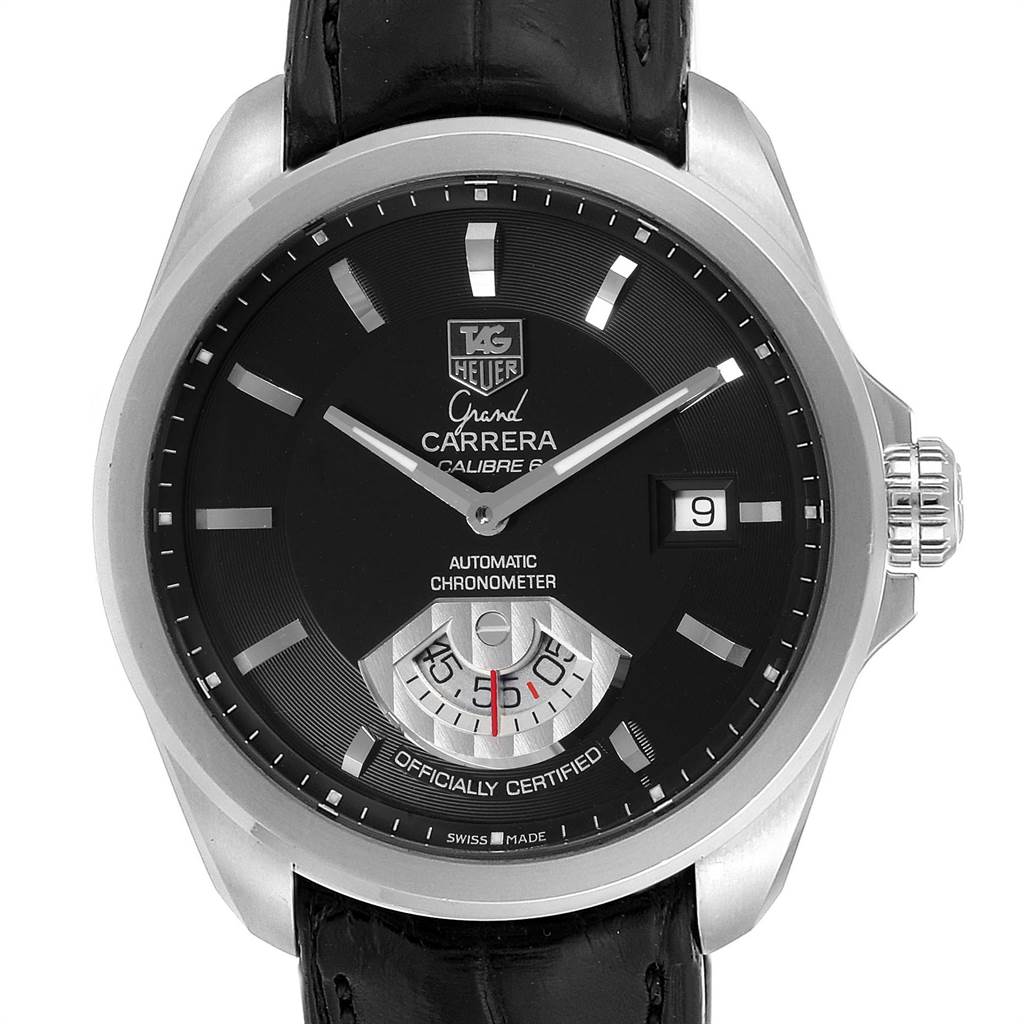 The image shows a front view of the Tag Heuer Carrera WAV511A.FC6224 Men's Stainless Steel Black Dial WAV511A.FC6224 Men's Stainless Steel Black Dial watch, highlighting its black dial, date display, and leather strap.