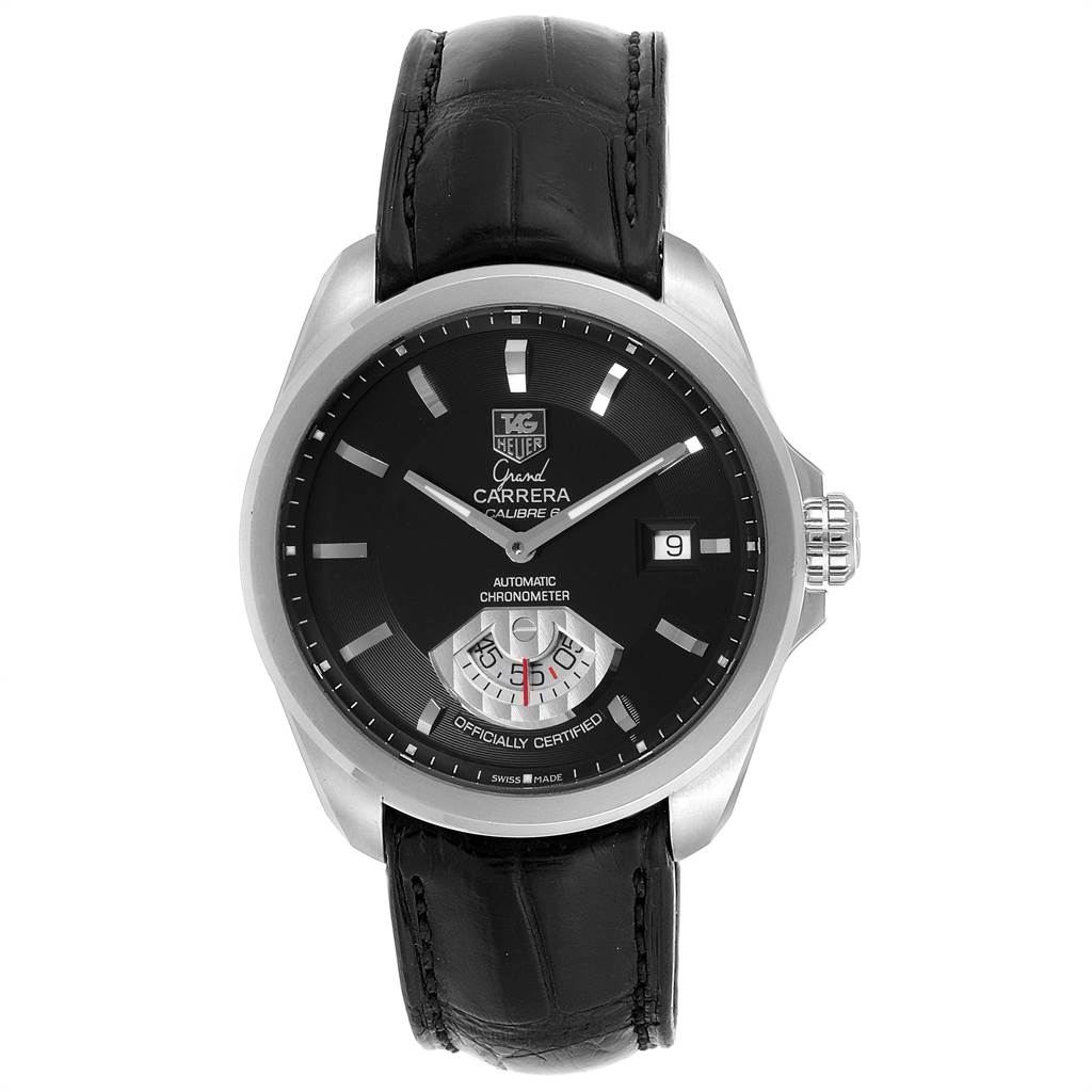 The image shows a front view of a Tag Heuer Carrera WAV511A.FC6224 Men's Stainless Steel Black Dial WAV511A.FC6224 Men's Stainless Steel Black Dial watch, featuring its black dial, date window, and black leather strap.
