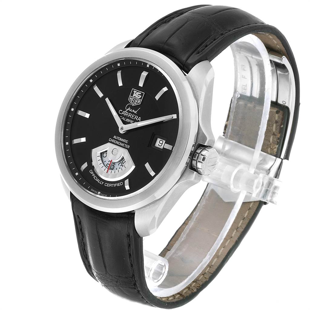 The Tag Heuer Carrera WAV511A.FC6224 Men's Stainless Steel Black Dial WAV511A.FC6224 Men's Stainless Steel Black Dial model is shown from a three-quarter angle, highlighting the face, crown, and black leather strap.