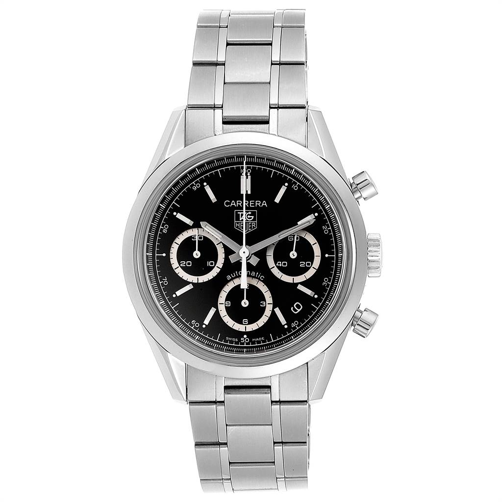 The image shows a front view of a Tag Heuer Carrera CV2113.BA0787 Men's Stainless Steel Black Dial CV2113.BA0787 Men's Stainless Steel Black Dial watch with a stainless steel band and chronograph sub-dials.