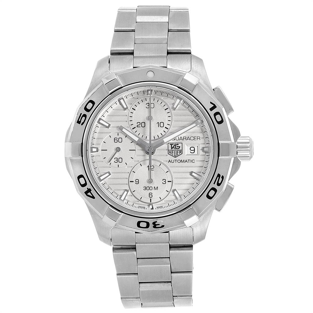The image shows a frontal view of the Tag Heuer Aquaracer CAP2111.BA0833 Men's Stainless Steel Silver Dial CAP2111.BA0833 Men's Stainless Steel Silver Dial watch, displaying the dial, bezel, bracelet, and crown.
