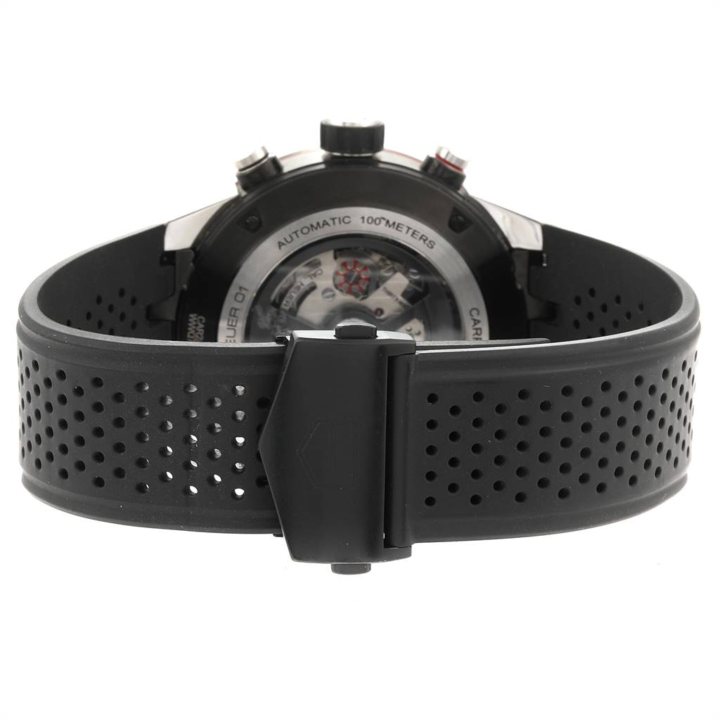 The image shows the back of a Tag Heuer Carrera CAR2A1Z.FT6044 Men's Titanium Black Dial CAR2A1Z.FT6044 Men's Titanium Black Dial watch, highlighting the strap and case back.