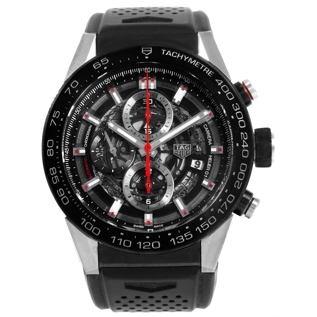 The image shows a front view of a Tag Heuer Carrera CAR2A1Z.FT6044 Men's Titanium Black Dial CAR2A1Z.FT6044 Men's Titanium Black Dial watch, highlighting its tachymetre, chronograph dials, and black rubber strap.