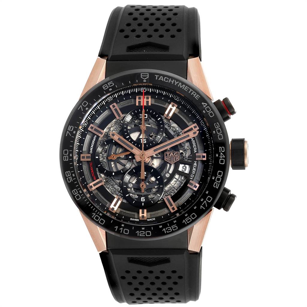 This image shows a frontal view of the Tag Heuer Carrera CAR205A.FT6087 Men's Titanium Black Dial CAR205A.FT6087 Men's Titanium Black Dial model watch, highlighting its intricate dial and black perforated rubber strap.