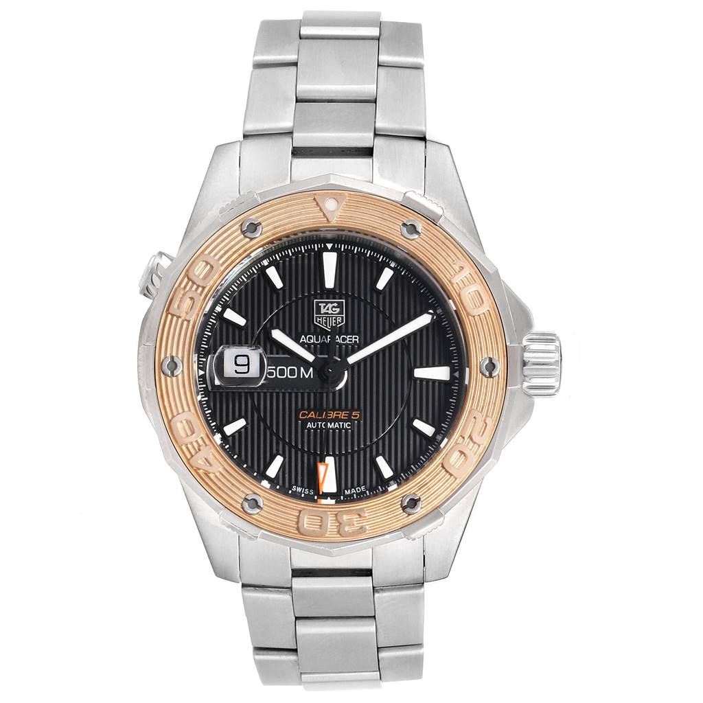 The image shows a front view of the Tag Heuer Aquaracer WAJ2150.BA0870 Men's Stainless Steel Black Dial WAJ2150.BA0870 Men's Stainless Steel Black Dial watch, displaying the dial, bezel, and bracelet.