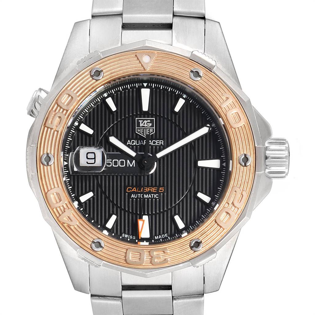 This image shows a front view of the Tag Heuer Aquaracer WAJ2150.BA0870 Men's Stainless Steel Black Dial WAJ2150.BA0870 Men's Stainless Steel Black Dial, displaying its dial, bezel, and part of the bracelet.