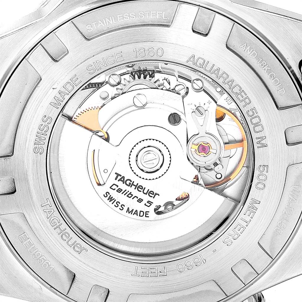 This image shows the case back of a Tag Heuer Aquaracer WAJ2150.BA0870 Men's Stainless Steel Black Dial WAJ2150.BA0870 Men's Stainless Steel Black Dial watch, revealing the internal automatic movement.