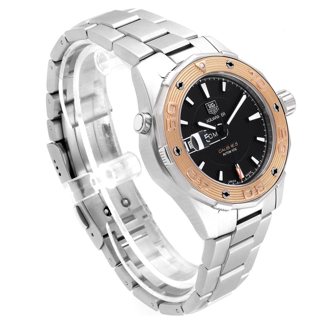 This image shows the Tag Heuer Aquaracer WAJ2150.BA0870 Men's Stainless Steel Black Dial WAJ2150.BA0870 Men's Stainless Steel Black Dial watch at an angle highlighting the face, bezel, and metal band.