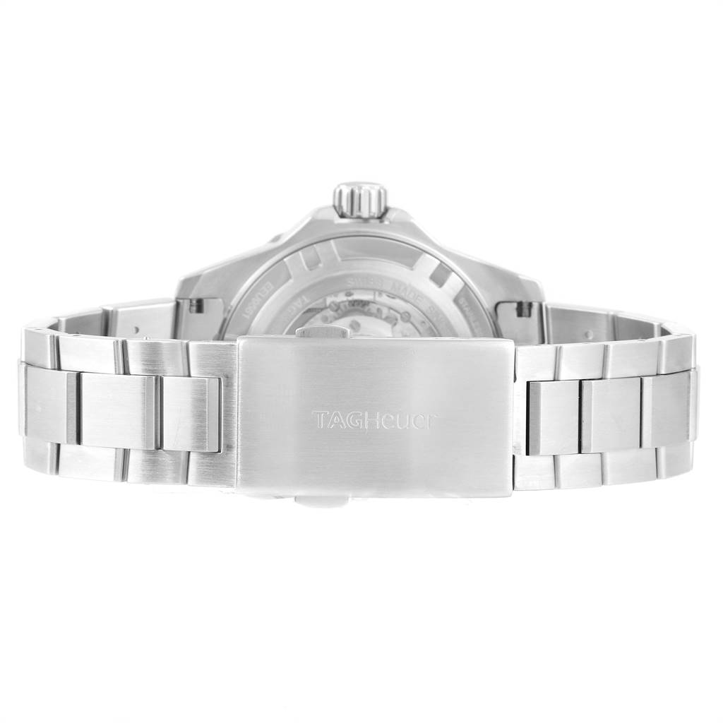 This image shows the back view of the Tag Heuer Aquaracer WAJ2150.BA0870 Men's Stainless Steel Black Dial WAJ2150.BA0870 Men's Stainless Steel Black Dial watch, focusing on the clasp and bracelet.