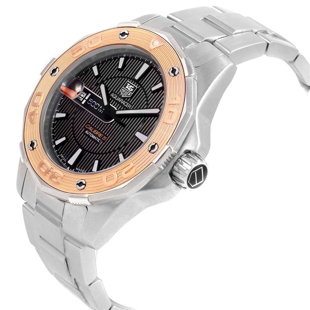 The image shows a side angle of the Tag Heuer Aquaracer WAJ2150.BA0870 Men's Stainless Steel Black Dial WAJ2150.BA0870 Men's Stainless Steel Black Dial watch, highlighting the dial, bezel, crown, and part of the bracelet.