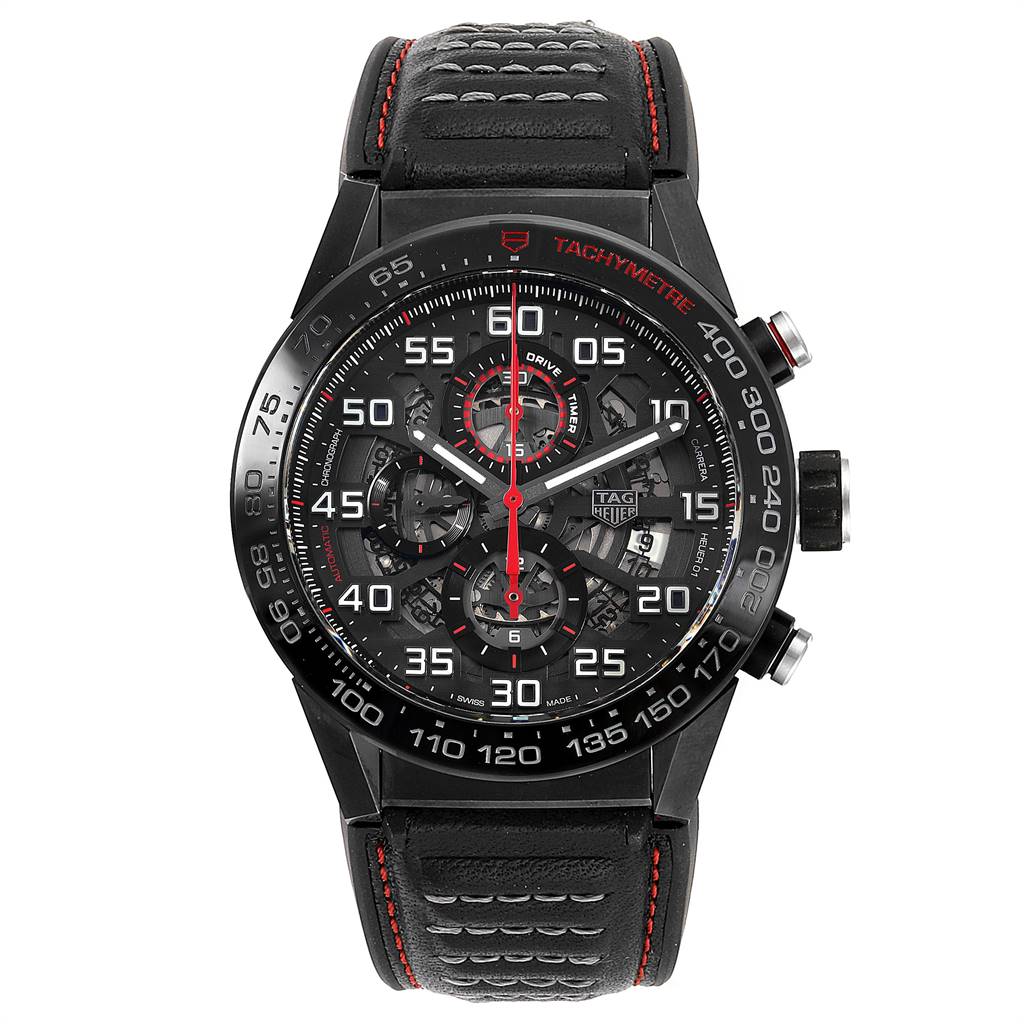 The image shows a front view of the Tag Heuer Carrera CAR2A1H.FT6101 Men's Stainless Steel Black Dial CAR2A1H.FT6101 Men's Stainless Steel Black Dial model watch, highlighting its strap, face, and tachymeter.