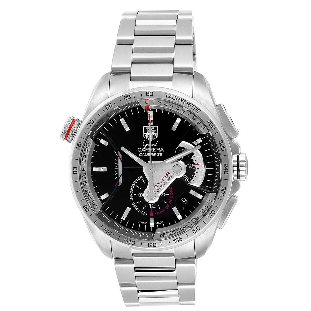 This image shows a full, front view of a Tag Heuer Carrera CAV5115.BA0902 Men's Stainless Steel Black Dial CAV5115.BA0902 Men's Stainless Steel Black Dial watch, displaying the dial, bezel, and metal bracelet.