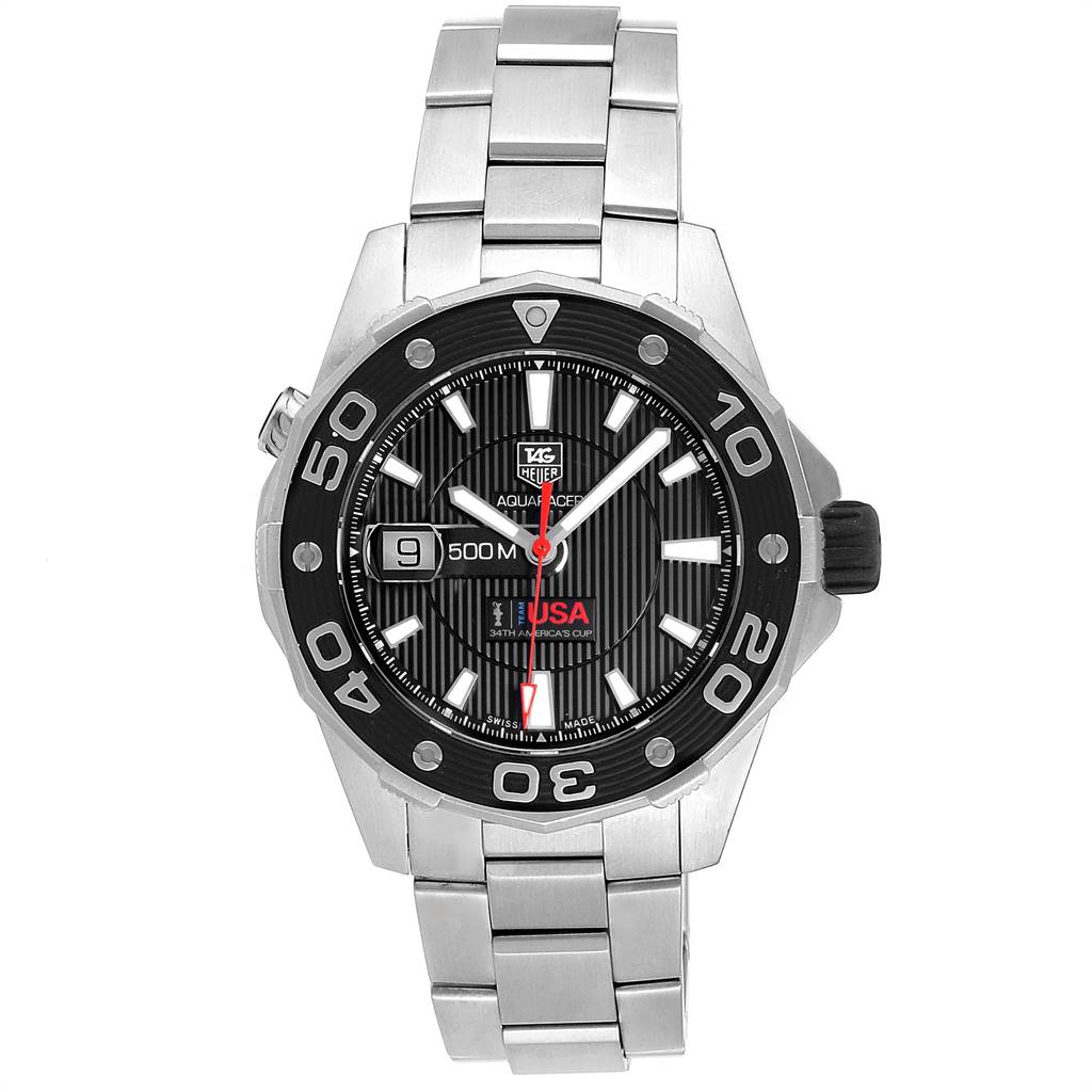 The image shows a front view of the Tag Heuer Aquaracer WAJ2118 Men's Stainless Steel Black Dial WAJ2118 Men's Stainless Steel Black Dial watch, displaying its face, bezel, and bracelet.