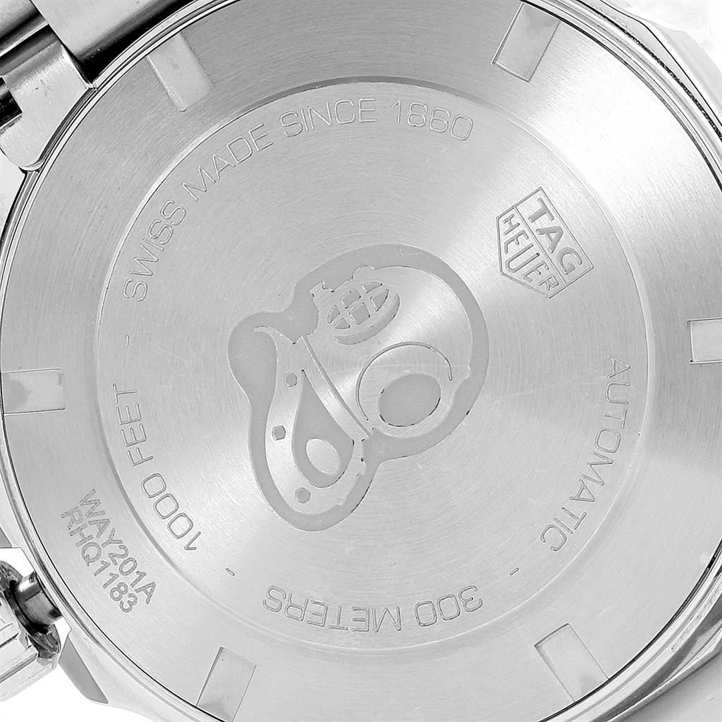 The image shows the case back of a Tag Heuer Aquaracer WAY201A.BA0927 Men's Stainless Steel Black Dial WAY201A.BA0927 Men's Stainless Steel Black Dial watch, highlighting its design and inscriptions.