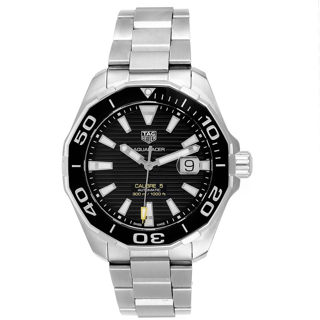The image shows a Tag Heuer Aquaracer WAY201A.BA0927 Men's Stainless Steel Black Dial WAY201A.BA0927 Men's Stainless Steel Black Dial watch from a front angle, featuring the dial, bezel, and stainless steel bracelet.