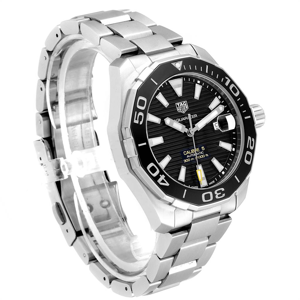 The image shows a Tag Heuer Aquaracer WAY201A.BA0927 Men's Stainless Steel Black Dial WAY201A.BA0927 Men's Stainless Steel Black Dial watch at a slightly tilted angle, highlighting the dial, bezel, and metal bracelet.
